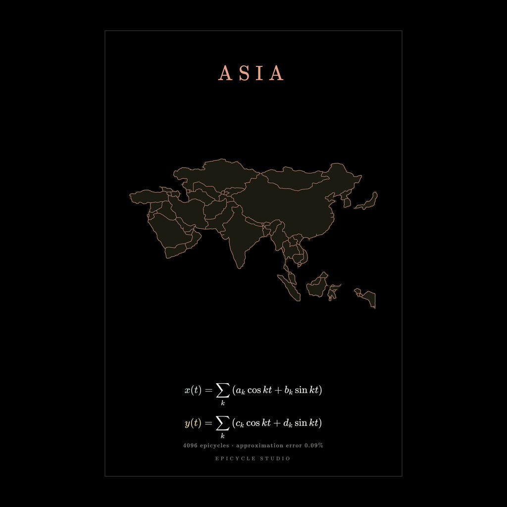Asia map drawn by 4096 rotating circles, black poster (cover)