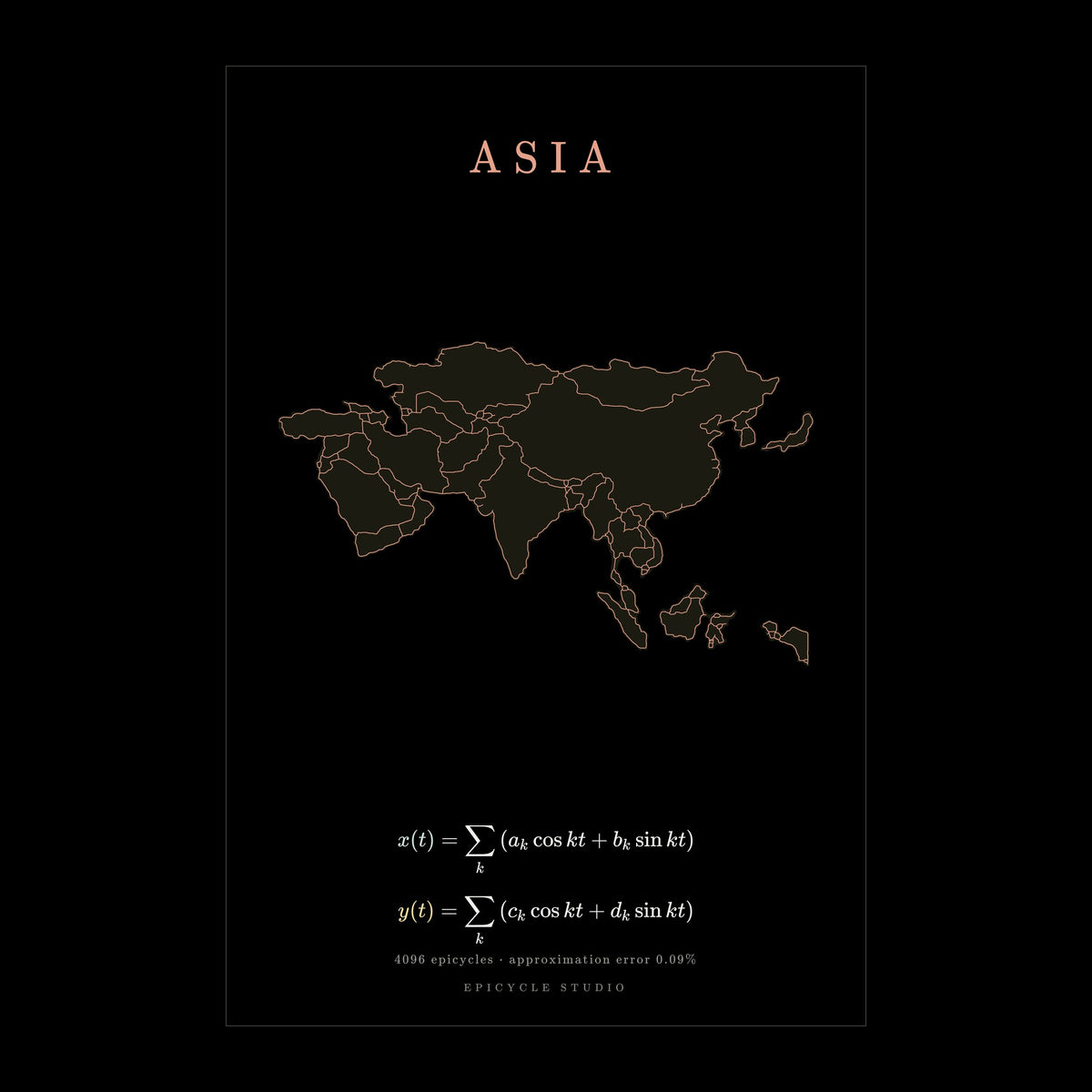Asia map drawn by 4096 rotating circles, salmon line art on a matte poster
