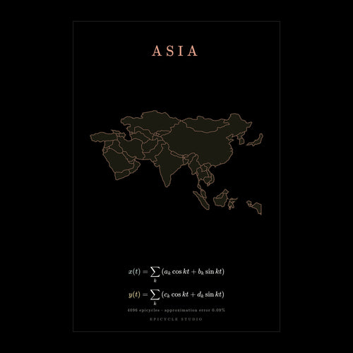 Asia map drawn by 4096 rotating circles, black poster (cover)