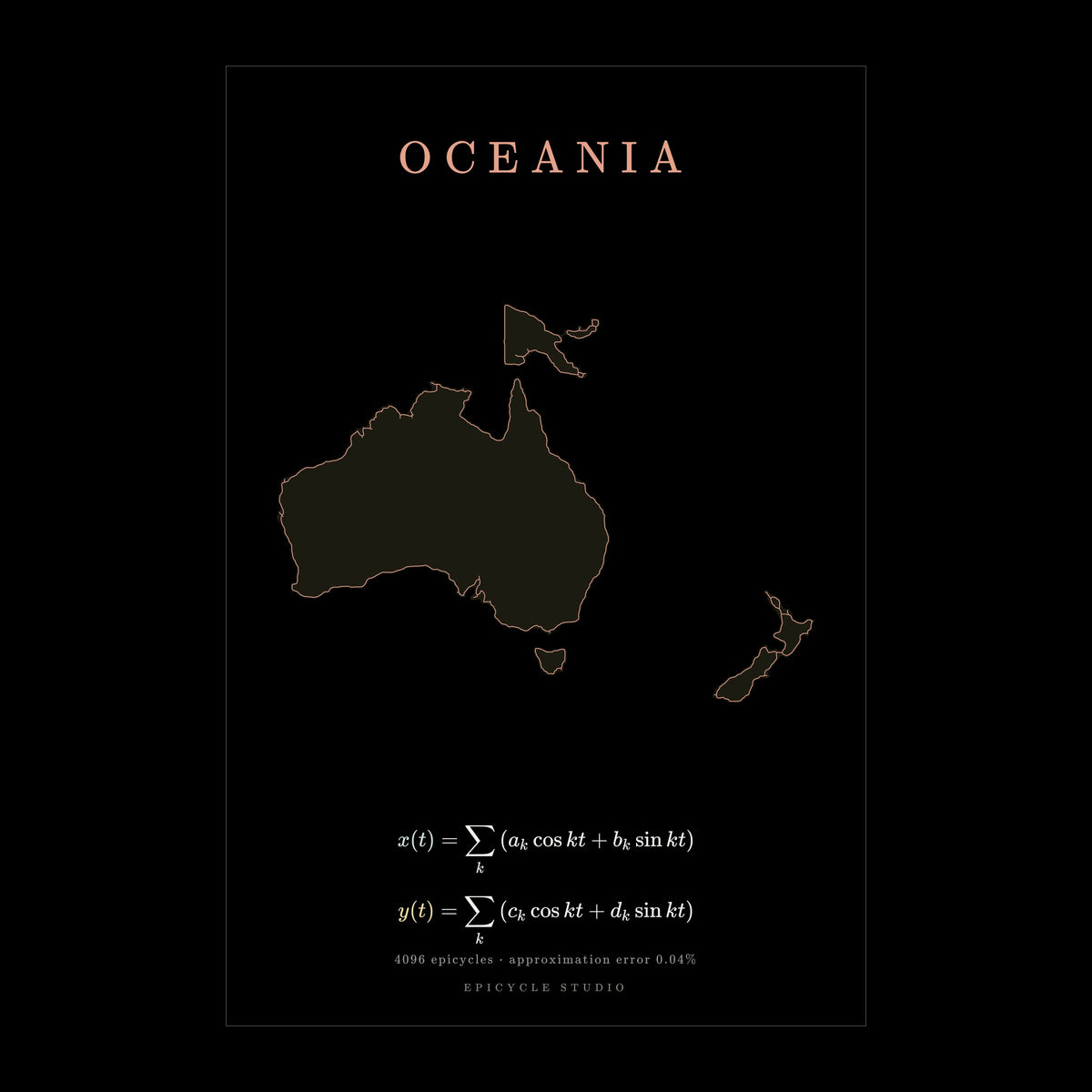 Oceania map drawn by 4096 rotating circles, salmon line art on a matte poster