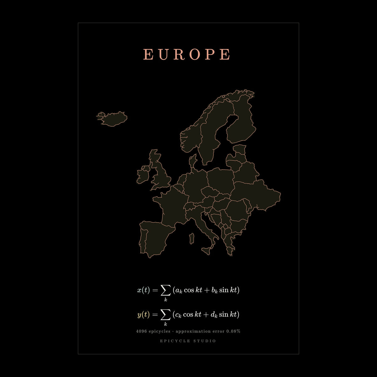 Europe map drawn by 4096 rotating circles, salmon line art on a matte poster