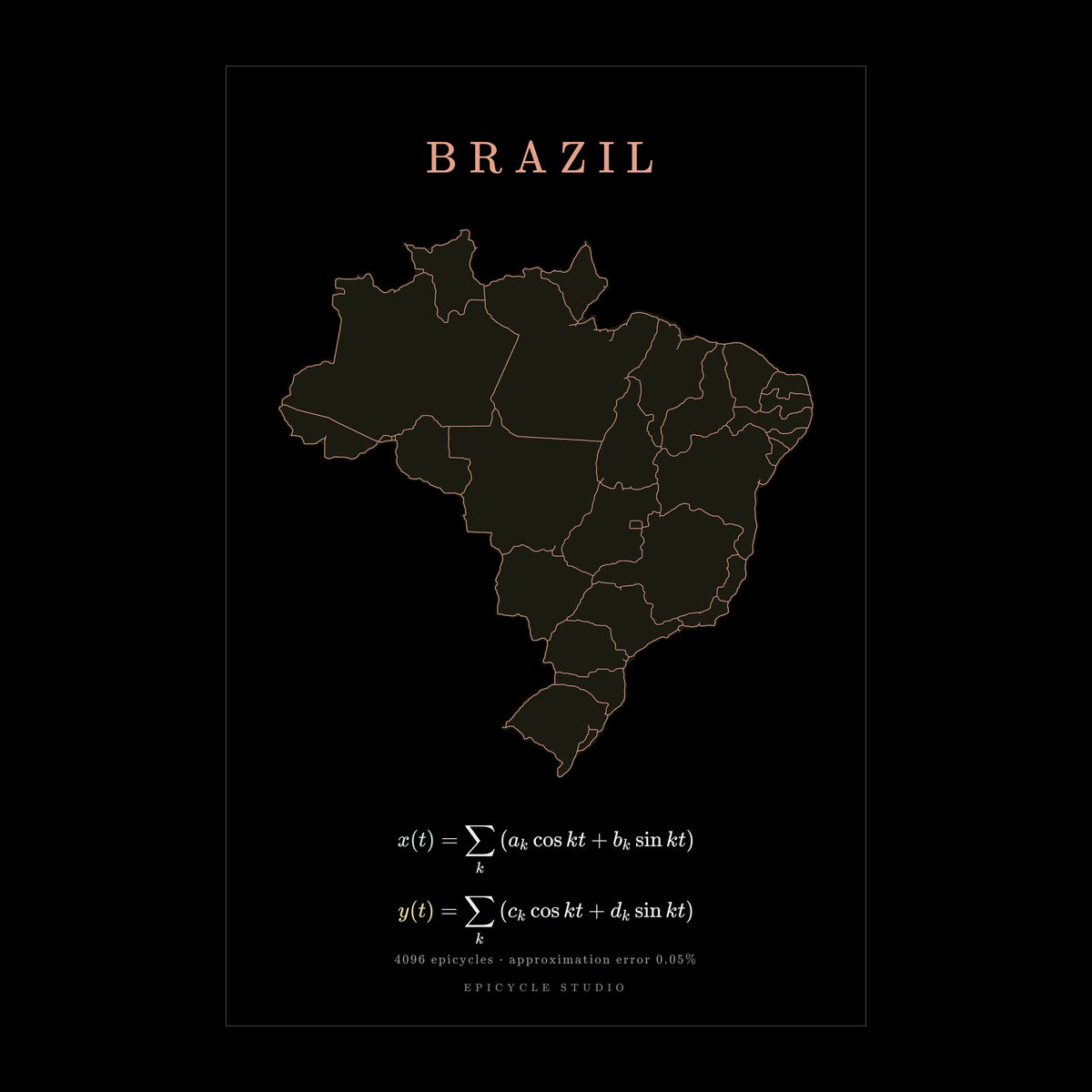 Brazil map drawn by 4096 rotating circles, salmon line art on a matte poster