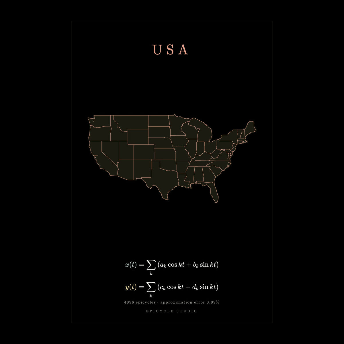 USA map drawn by 4096 rotating circles, salmon line art on a matte poster