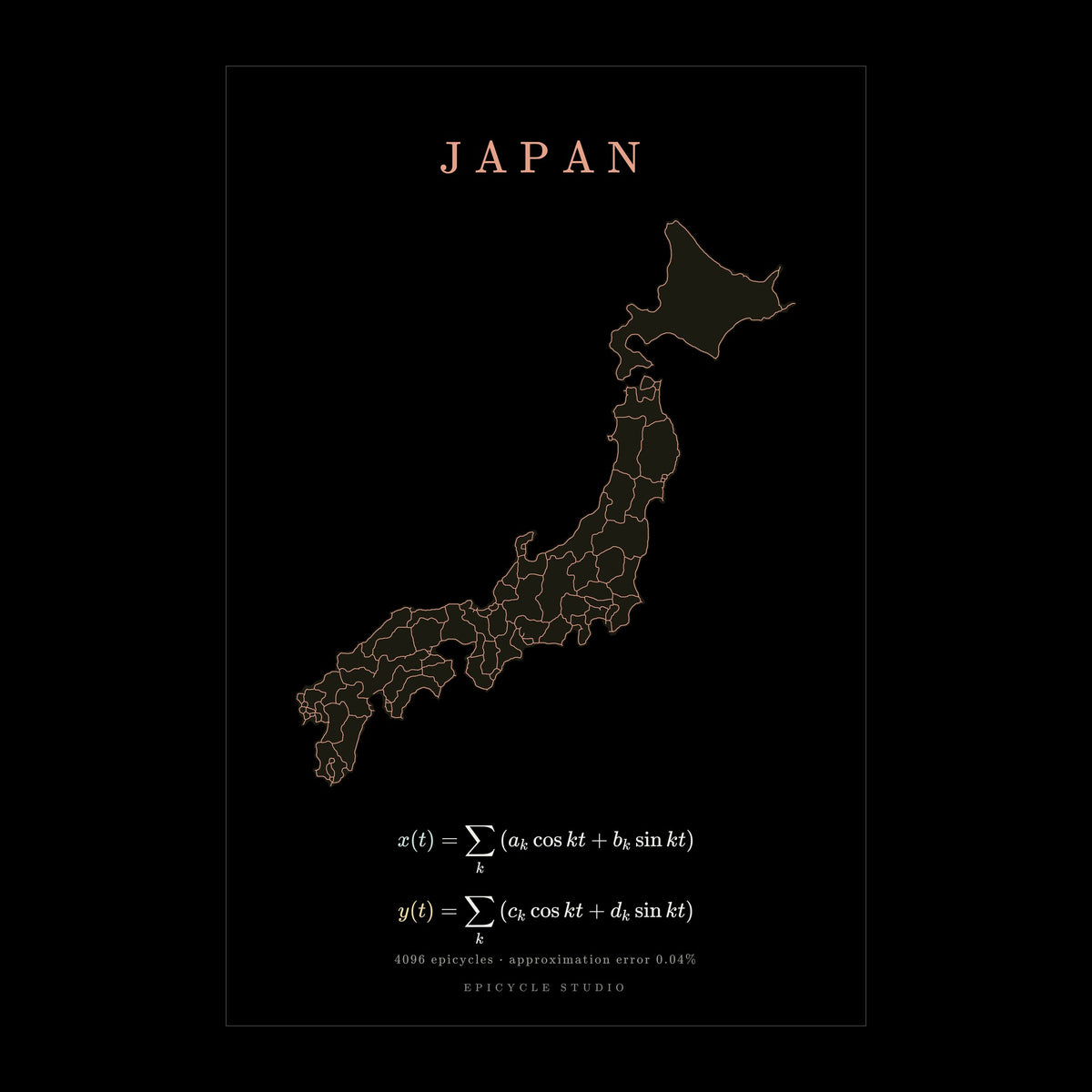 Japan map drawn by 4096 rotating circles, salmon line art on a matte poster