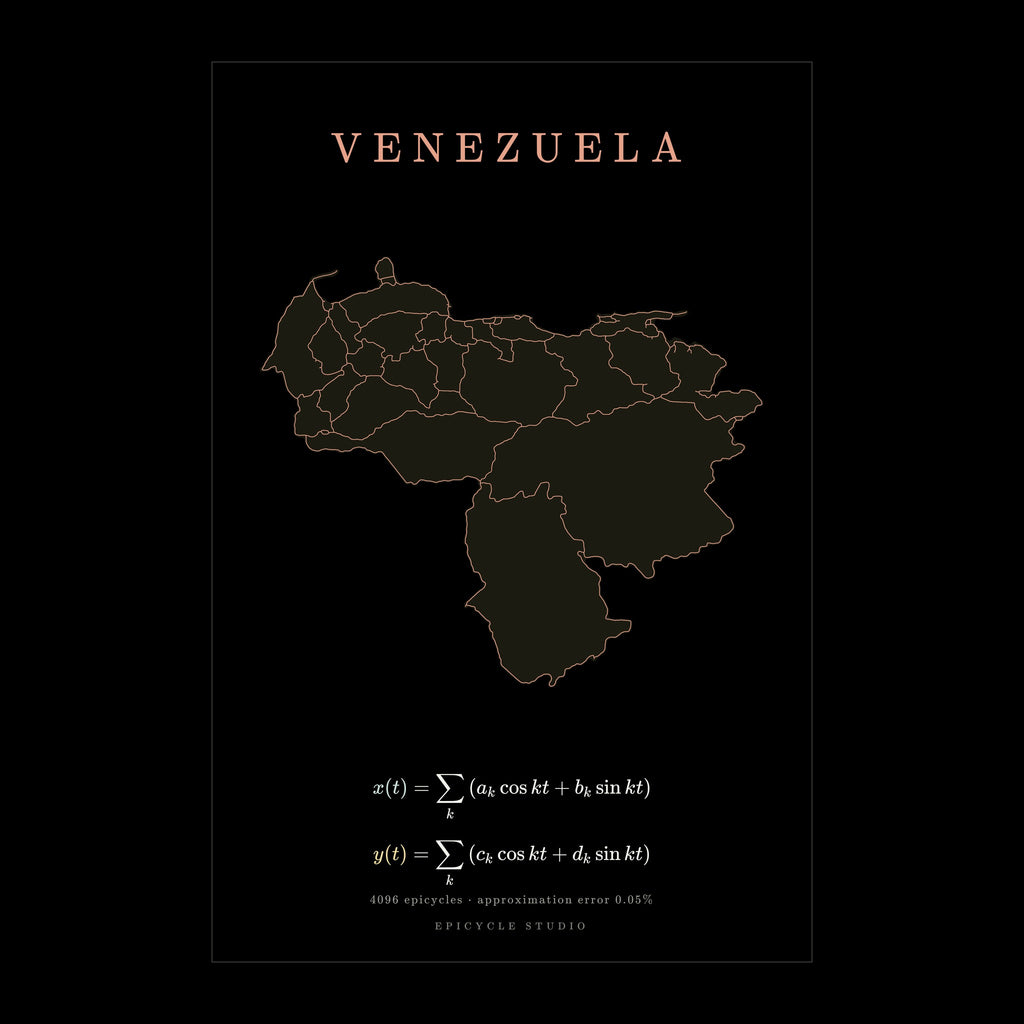 Venezuela map drawn by 4096 rotating circles, black poster (cover)