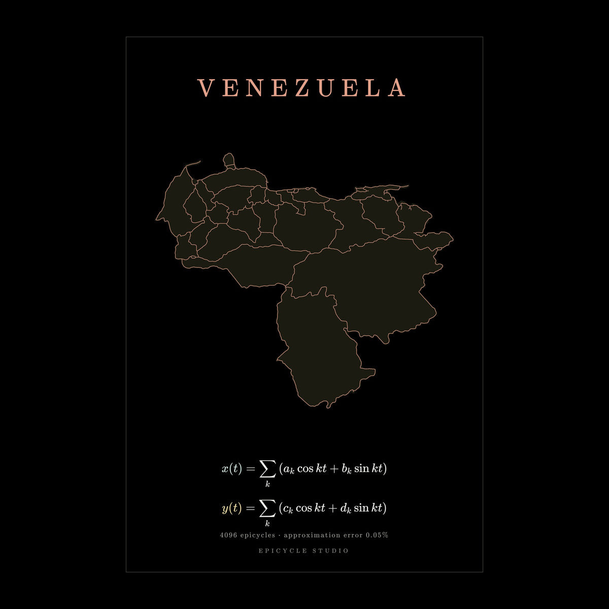 Venezuela map drawn by 4096 rotating circles, salmon line art on a matte poster