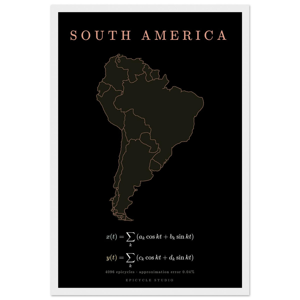 South America map drawn by 4096 rotating circles, salmon line art on a framed poster (4)