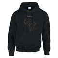 Africa map drawn by 4096 rotating circles, salmon line art on a black hoodie