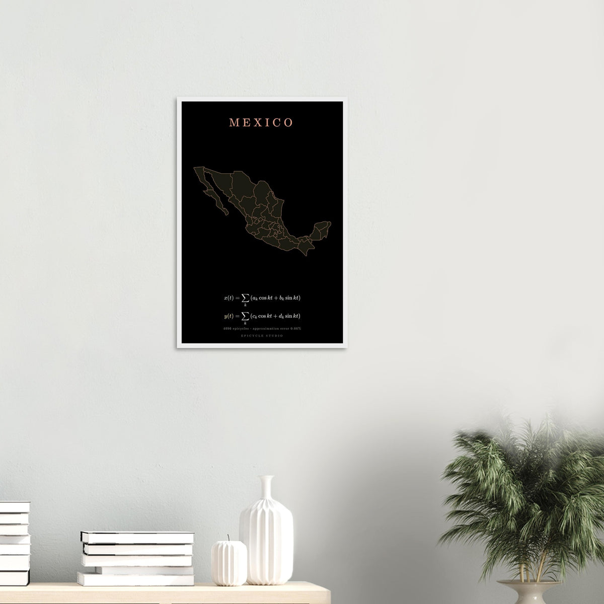 Mexico map drawn by 4096 rotating circles, salmon line art on a framed poster (7)