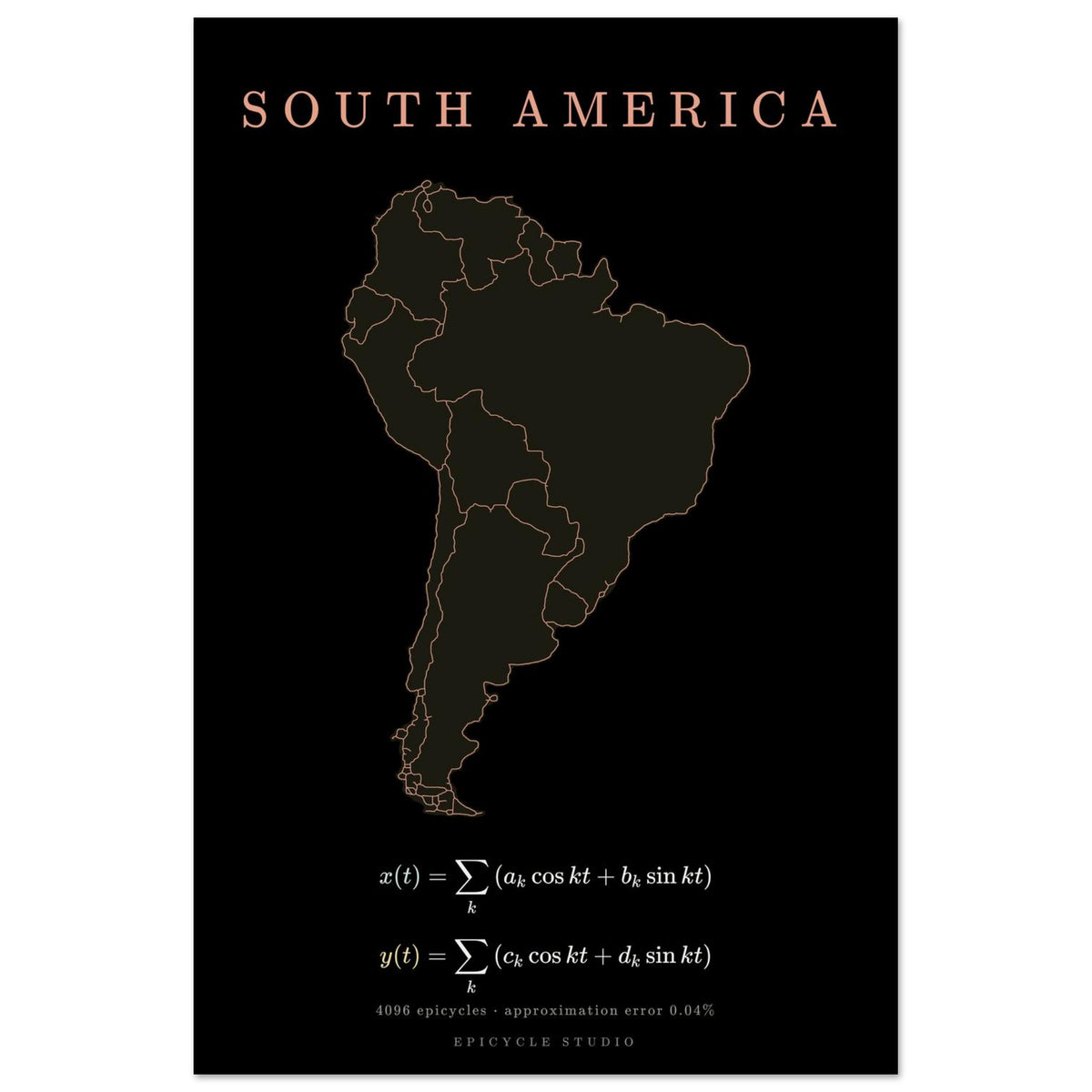 South America map drawn by 4096 rotating circles, salmon line art on a matte poster (4)