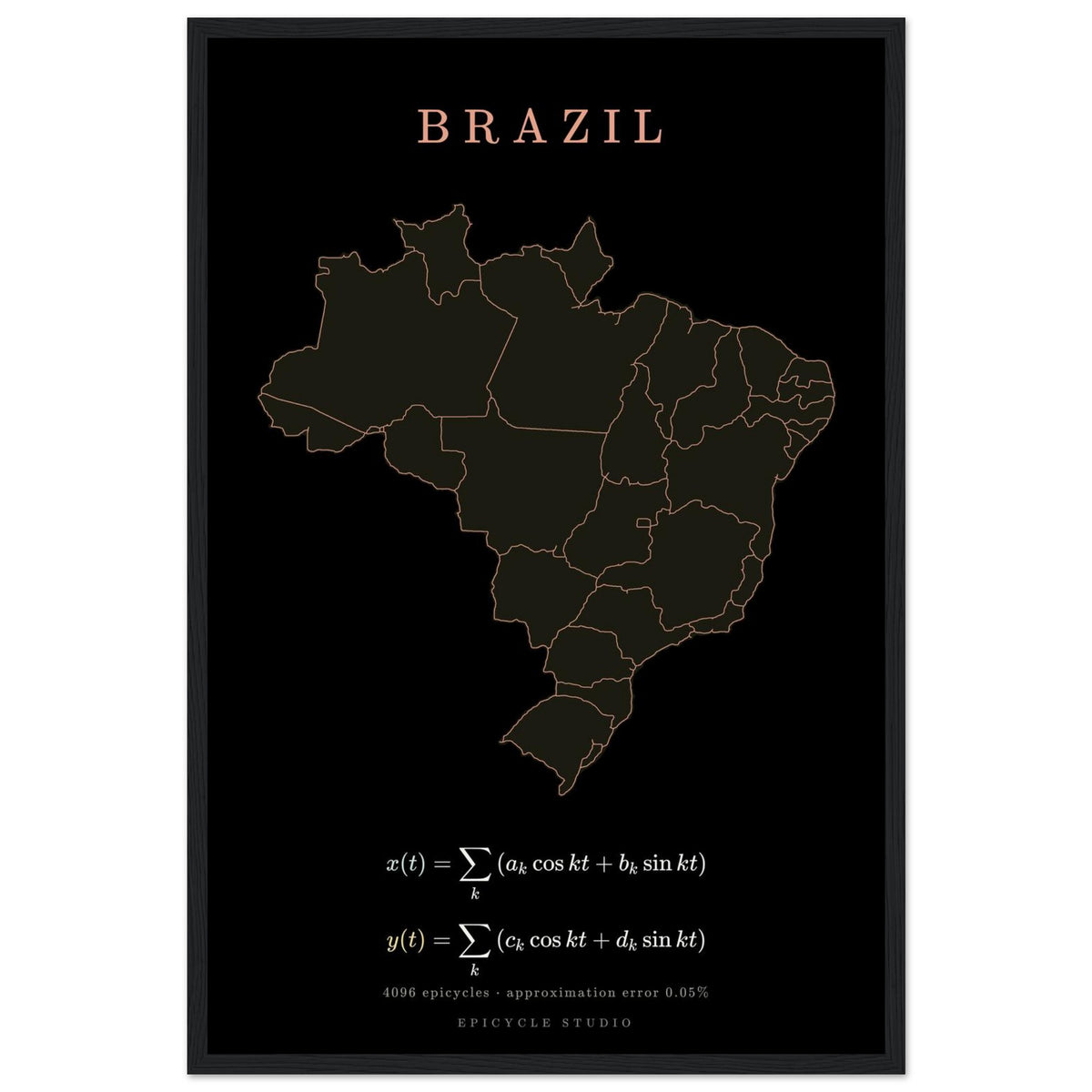 Brazil map drawn by 4096 rotating circles, salmon line art on a framed poster (3)