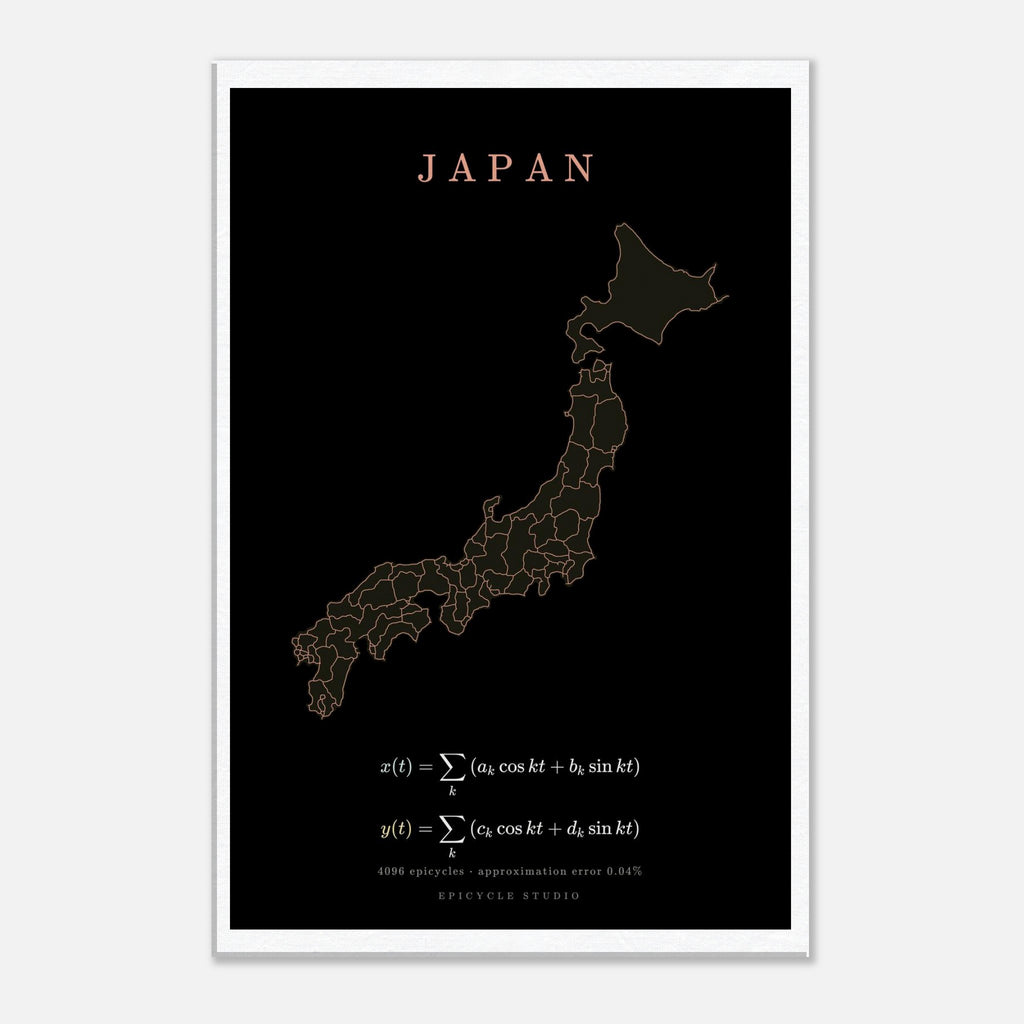 Japan map drawn by 4096 rotating circles, salmon line art on a canvas print