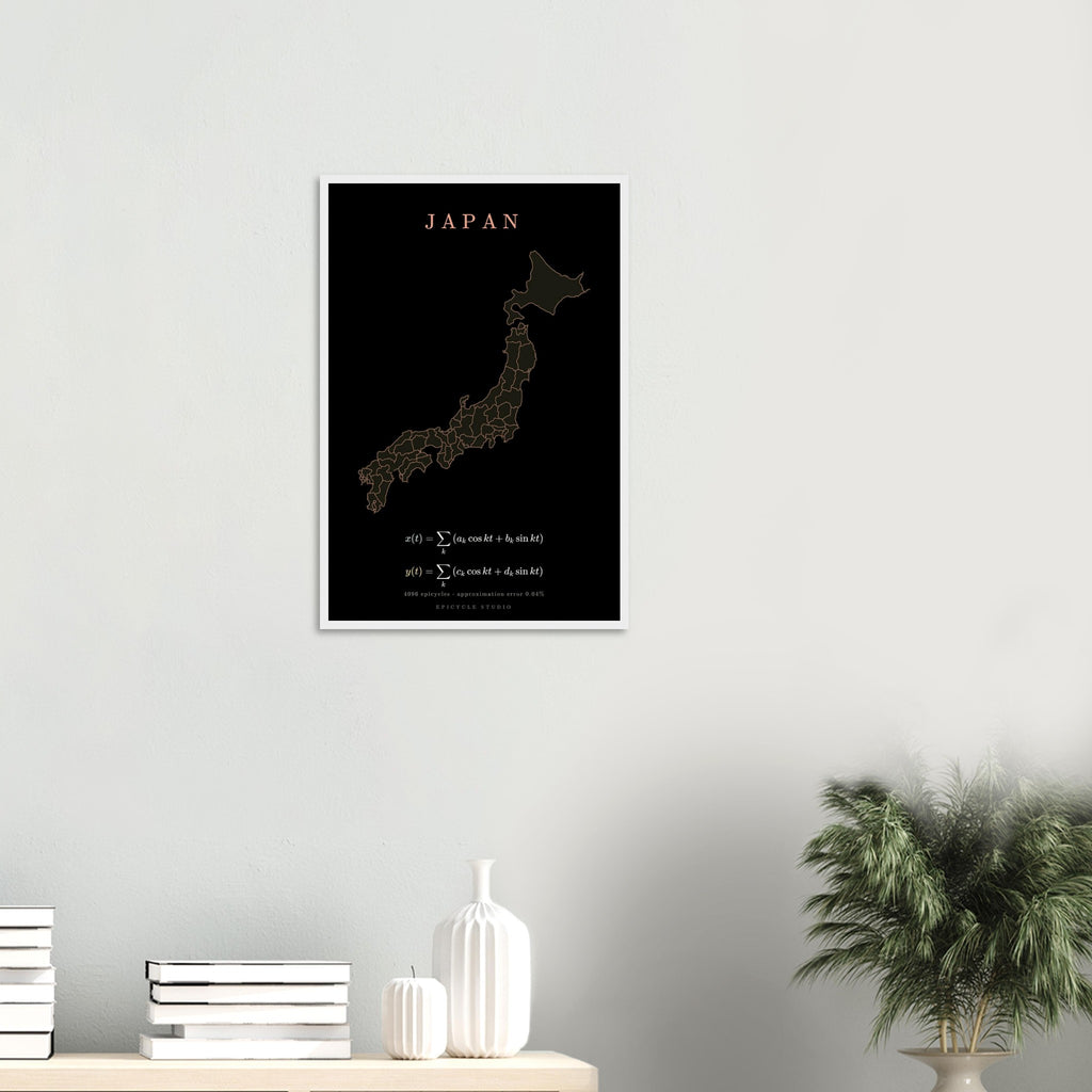 Japan map drawn by 4096 rotating circles, salmon line art on a framed poster (7)