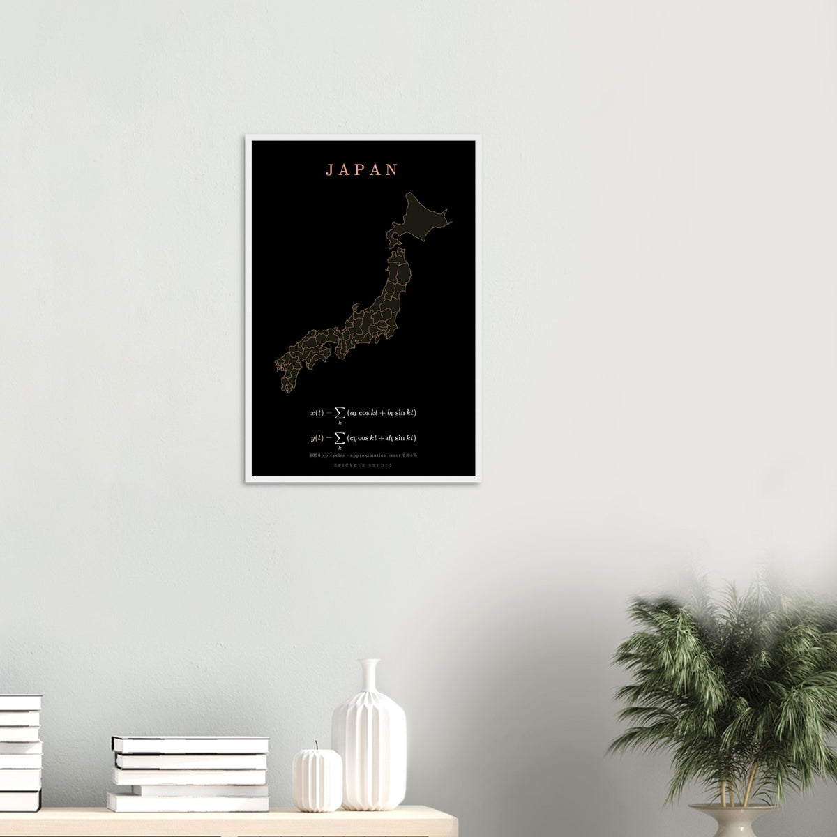 Japan map drawn by 4096 rotating circles, salmon line art on a framed poster (7)