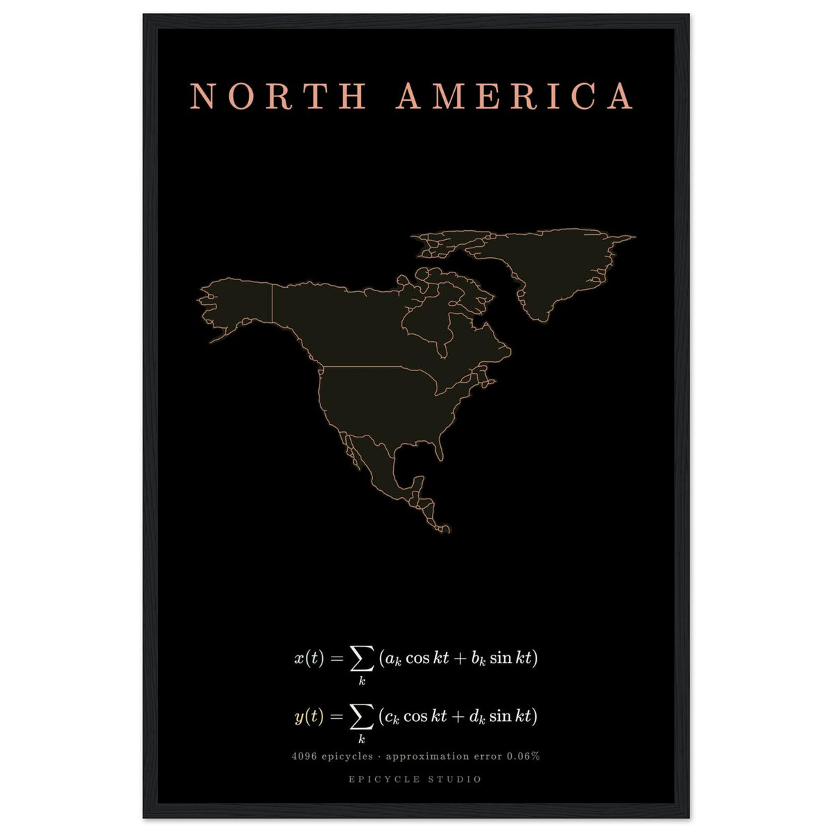 North America map drawn by 4096 rotating circles, salmon line art on a framed poster (3)