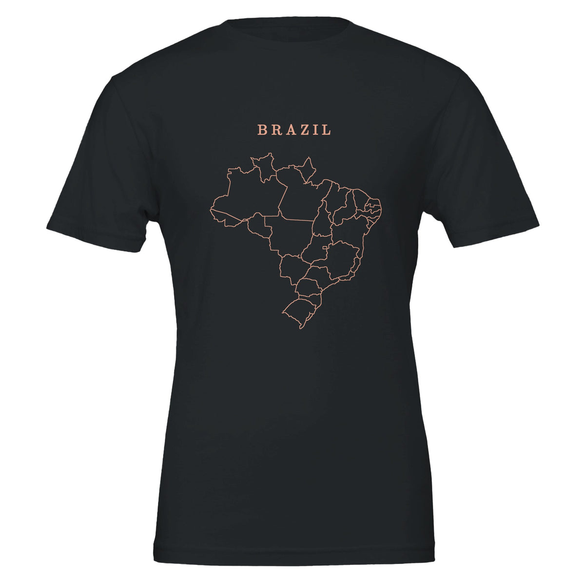 Brazil map drawn by 4096 rotating circles, salmon line art on a black t-shirt