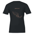 Mexico map drawn by 4096 rotating circles, salmon line art on a black t-shirt