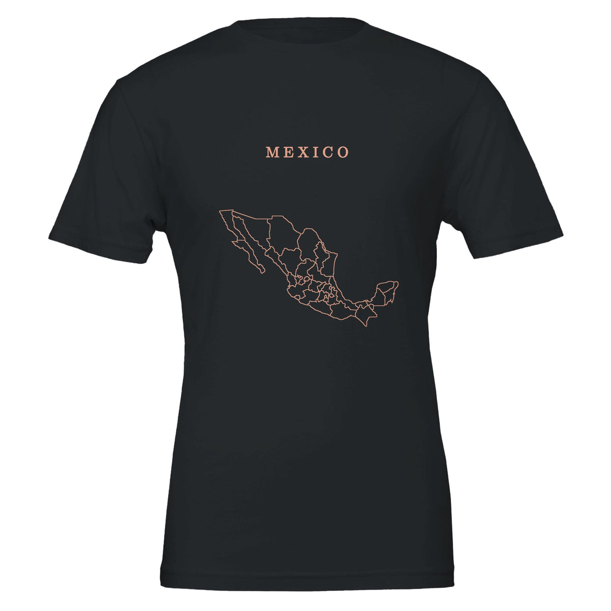 Mexico map drawn by 4096 rotating circles, salmon line art on a black t-shirt