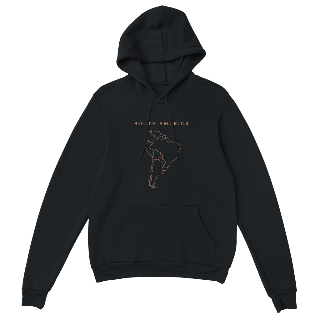 South America map drawn by 4096 rotating circles, salmon line art on a black hoodie (2)