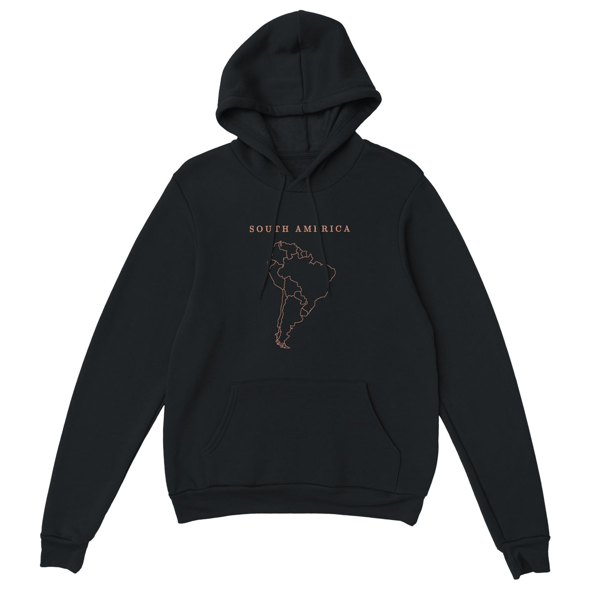 South America map drawn by 4096 rotating circles, salmon line art on a black hoodie (2)