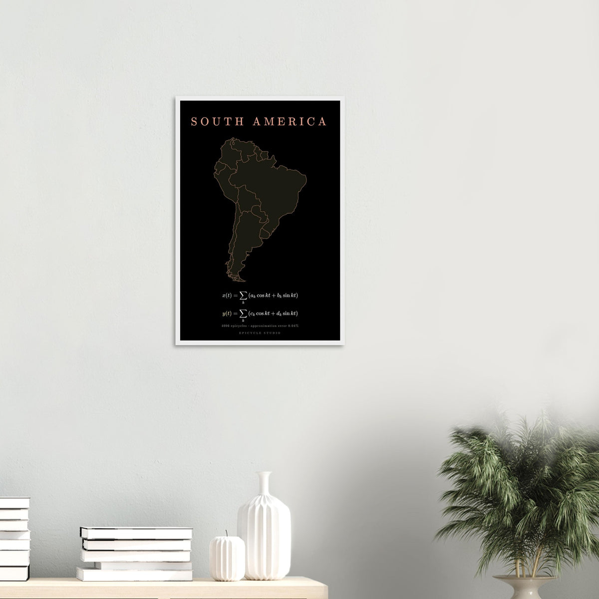 South America map drawn by 4096 rotating circles, salmon line art on a framed poster (7)