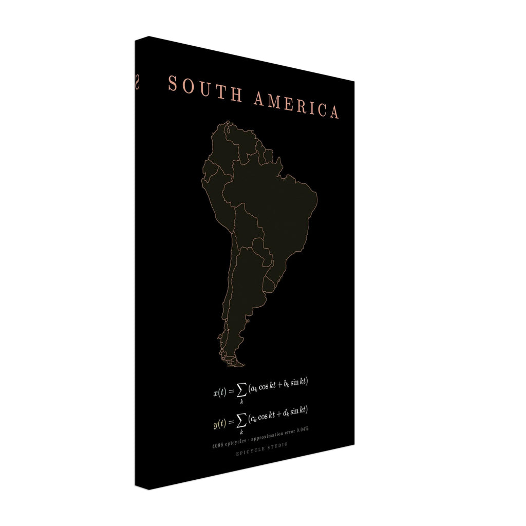 South America map drawn by 4096 rotating circles, salmon line art on a canvas print (3)