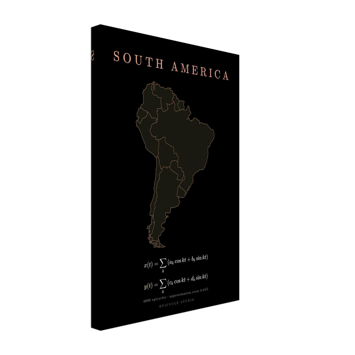 South America map drawn by 4096 rotating circles, salmon line art on a canvas print (3)