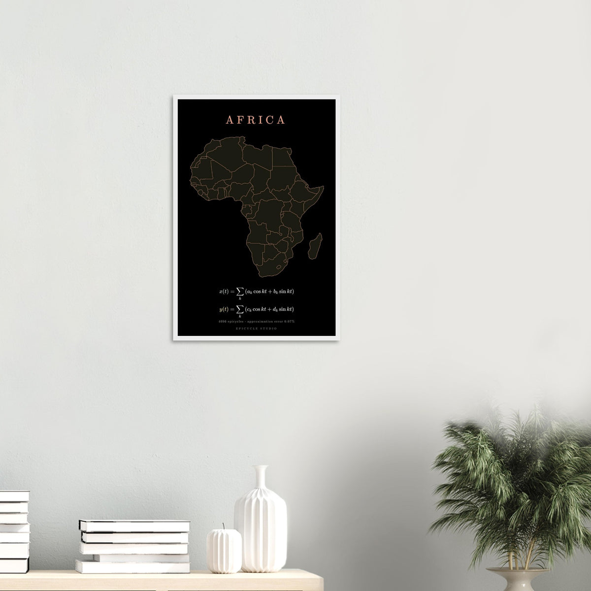Africa map drawn by 4096 rotating circles, salmon line art on a framed poster (7)