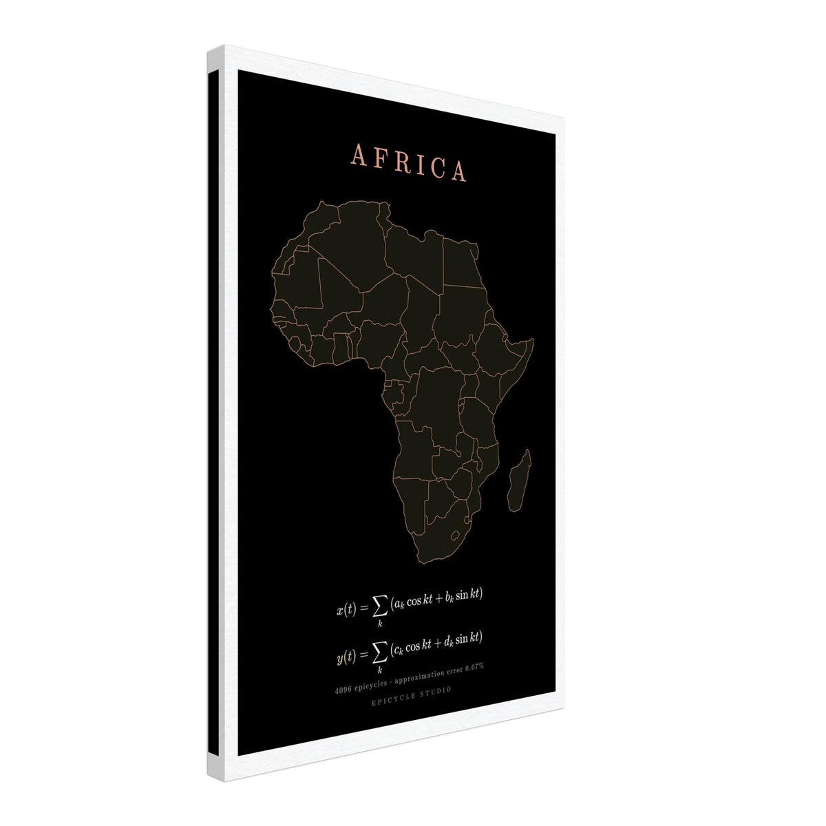 Africa map drawn by 4096 rotating circles, salmon line art on a canvas print (2)