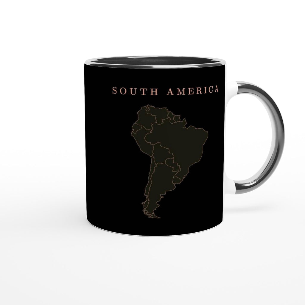 South America map drawn by 4096 rotating circles, salmon line art on a black mug (3)