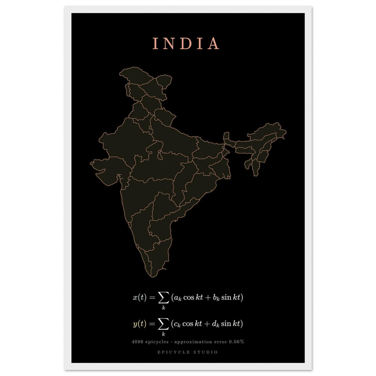 India map drawn by 4096 rotating circles, salmon line art on a framed poster (2)