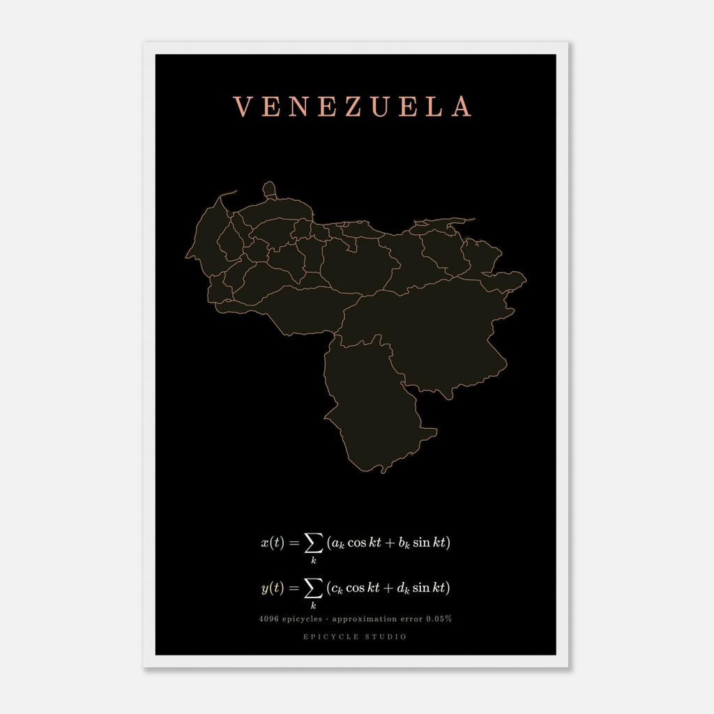 Venezuela map drawn by 4096 rotating circles, salmon line art on a framed poster (5)