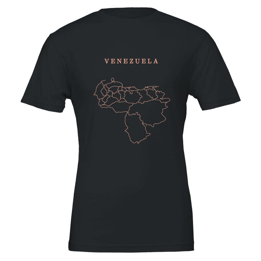 Venezuela map drawn by 4096 rotating circles, salmon line art on a black t-shirt