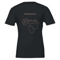 Venezuela map drawn by 4096 rotating circles, salmon line art on a black t-shirt