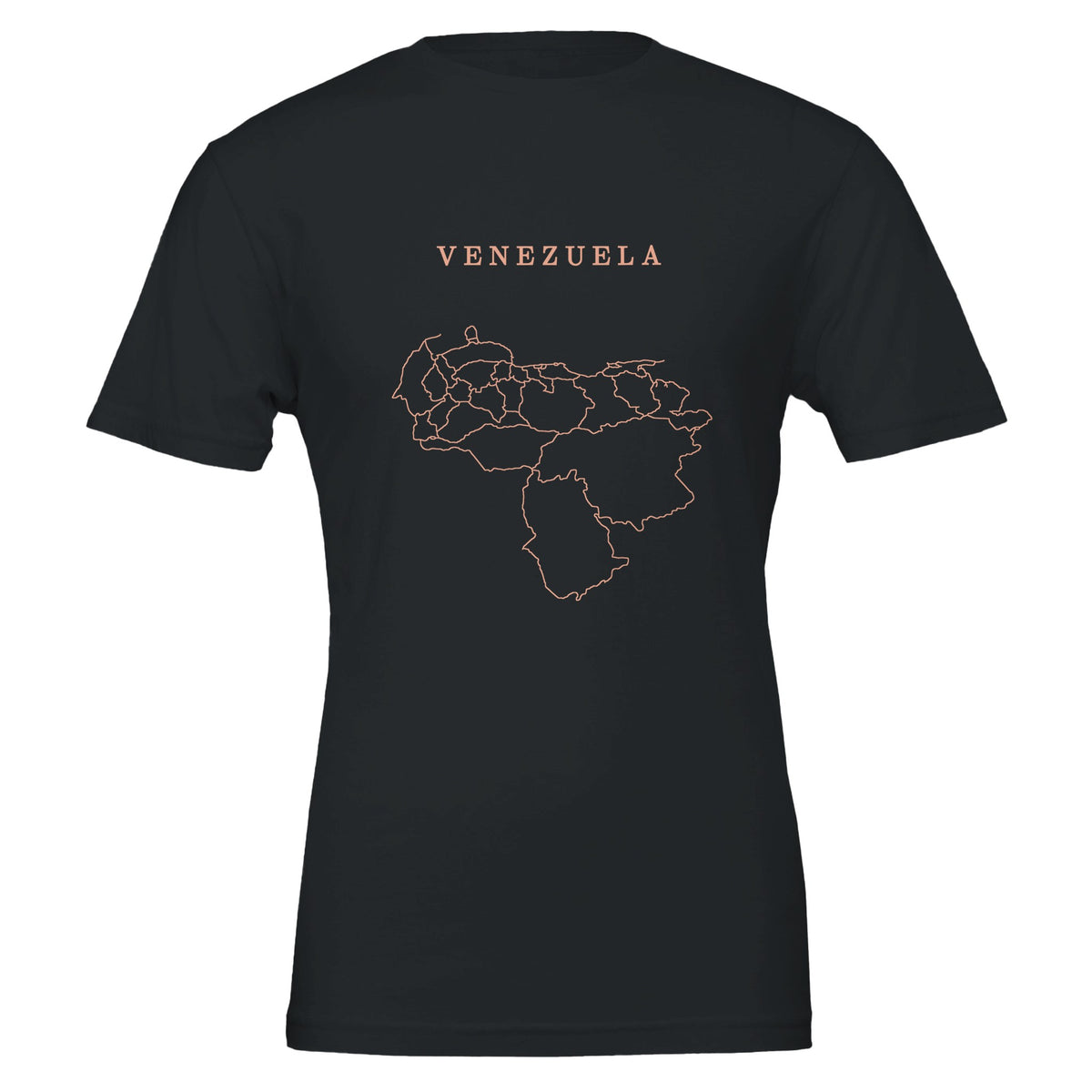 Venezuela map drawn by 4096 rotating circles, salmon line art on a black t-shirt