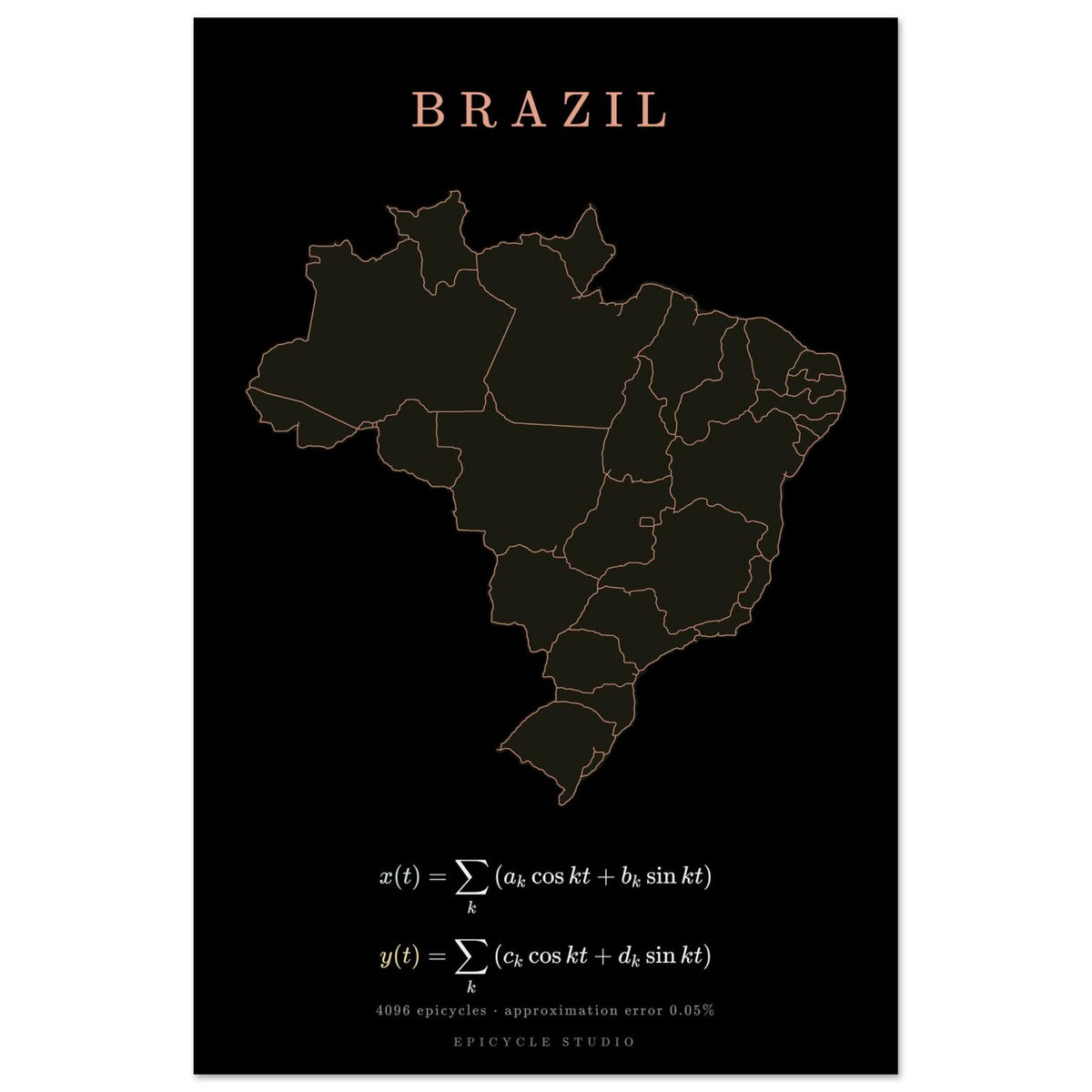 Brazil map drawn by 4096 rotating circles, salmon line art on a matte poster (4)