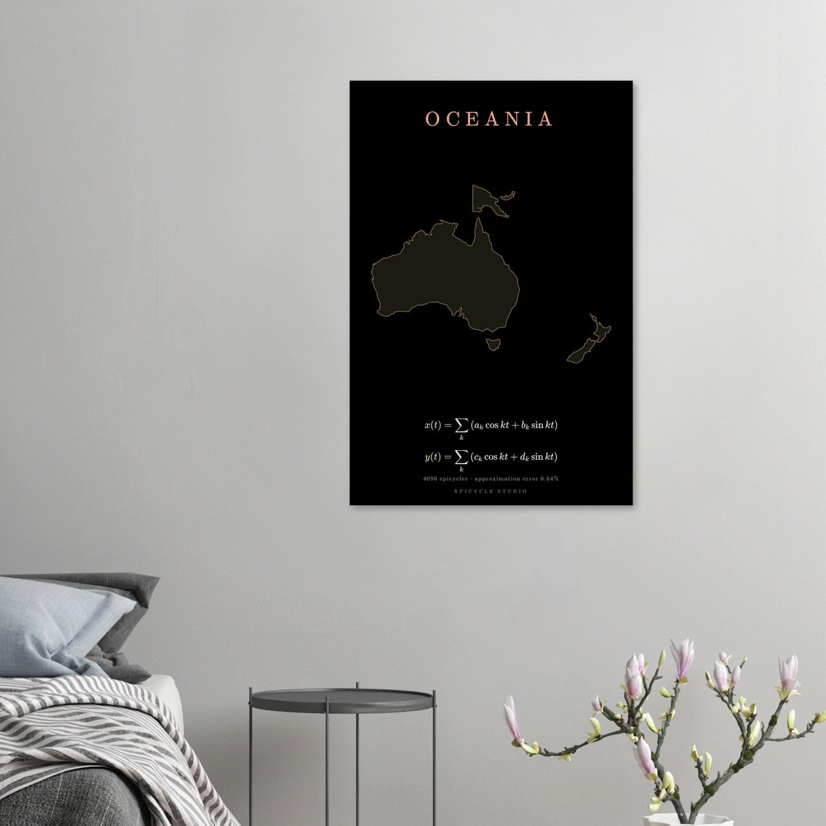 Oceania map drawn by 4096 rotating circles, salmon line art on a matte poster (5)