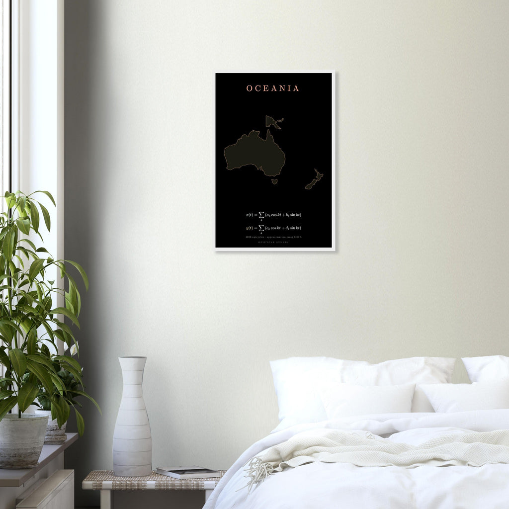 Oceania map drawn by 4096 rotating circles, salmon line art on a framed poster (9)