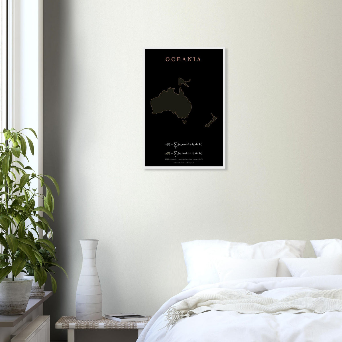 Oceania map drawn by 4096 rotating circles, salmon line art on a framed poster (9)