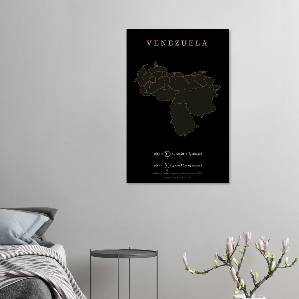 Venezuela map drawn by 4096 rotating circles, salmon line art on a matte poster (5)