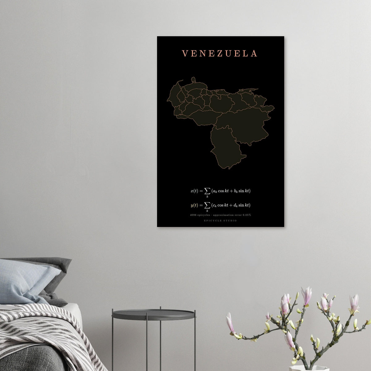 Venezuela map drawn by 4096 rotating circles, salmon line art on a matte poster (5)