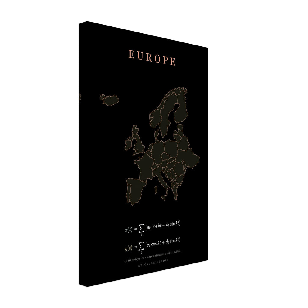 Europe map drawn by 4096 rotating circles, salmon line art on a canvas print (3)