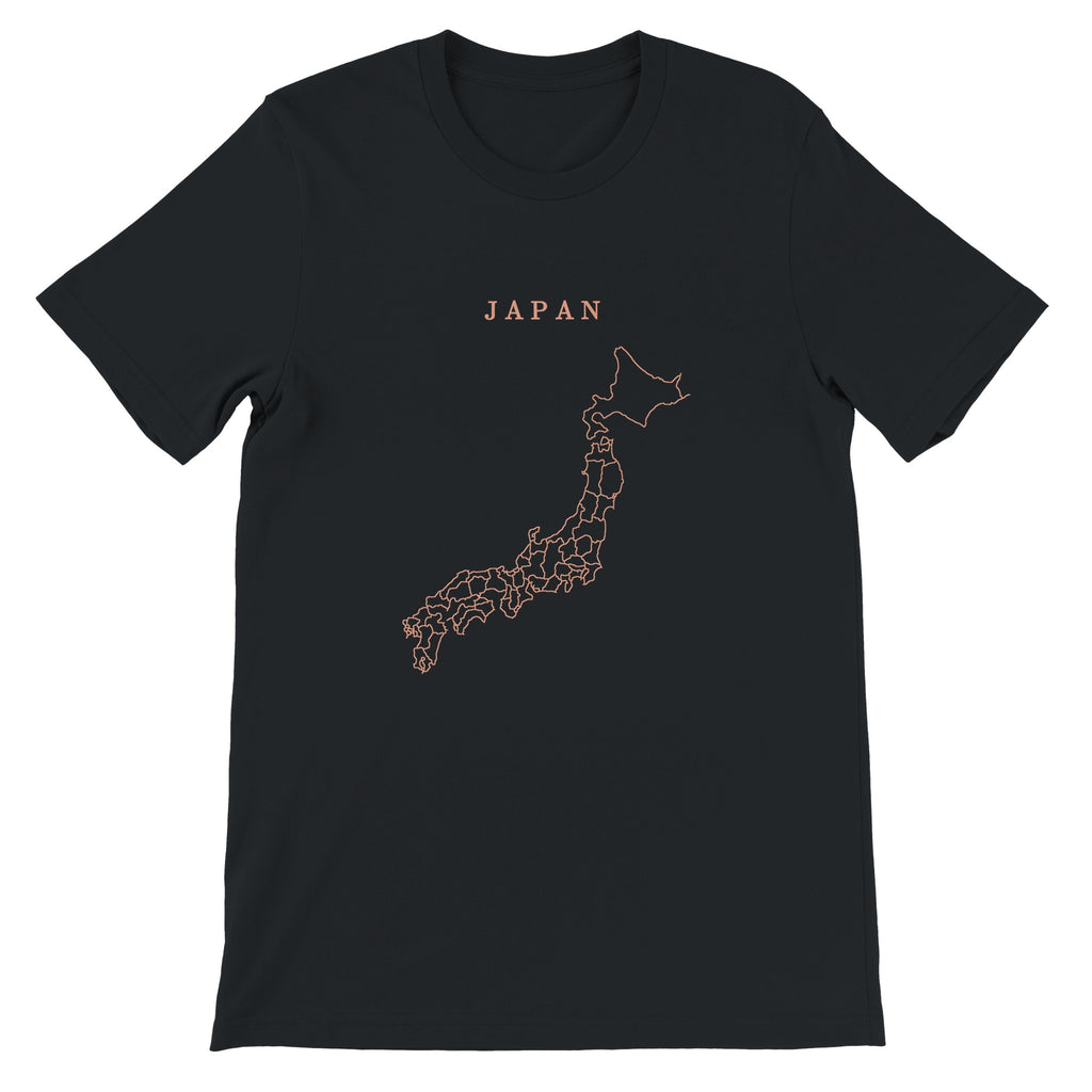 Japan map drawn by 4096 rotating circles, salmon line art on a black t-shirt (2)