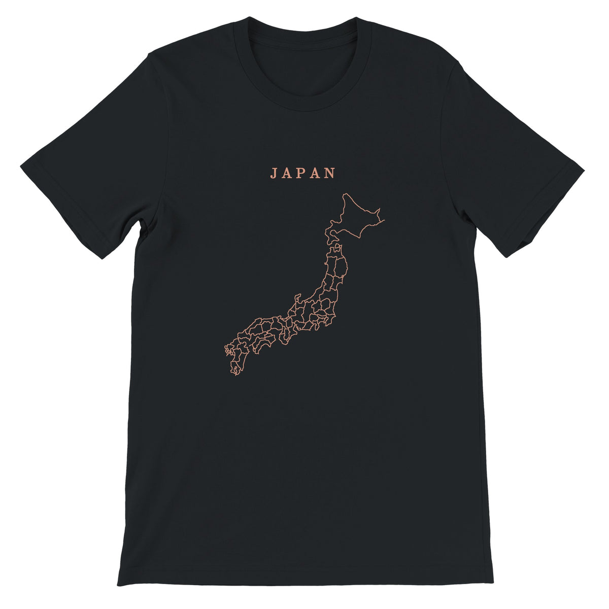Japan map drawn by 4096 rotating circles, salmon line art on a black t-shirt (2)