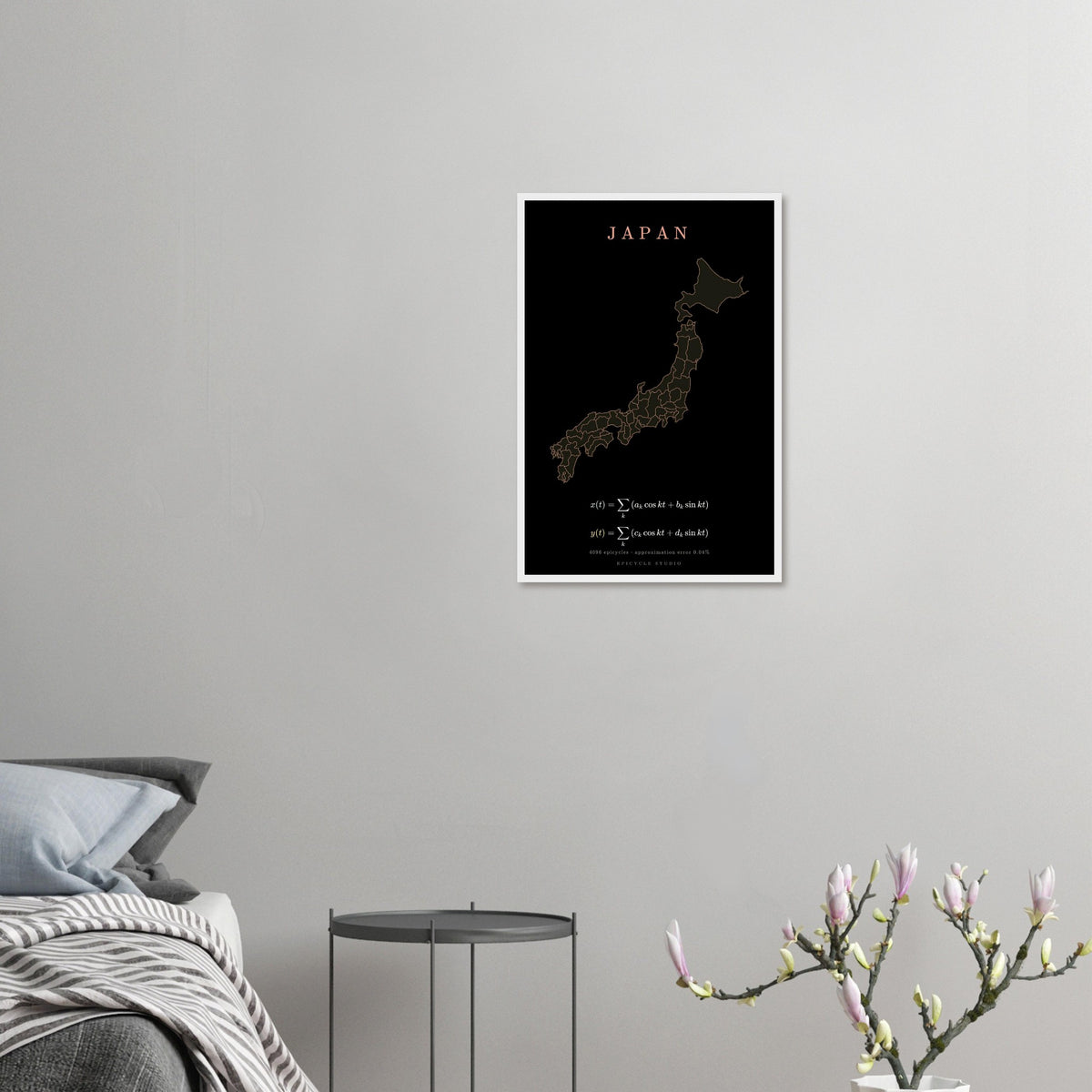 Japan map drawn by 4096 rotating circles, salmon line art on a framed poster (6)