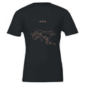 Asia map drawn by 4096 rotating circles, salmon line art on a black t-shirt