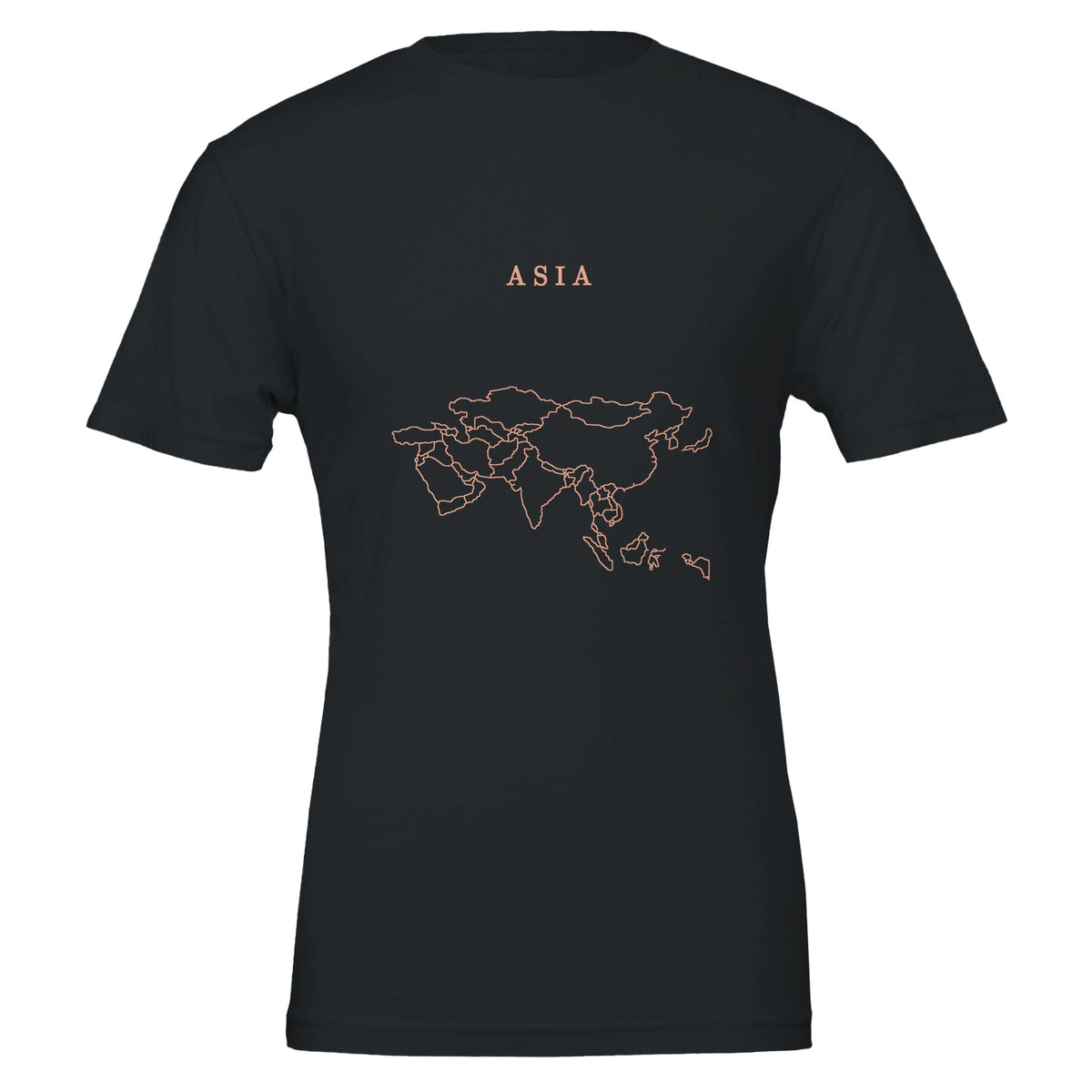 Asia map drawn by 4096 rotating circles, salmon line art on a black t-shirt