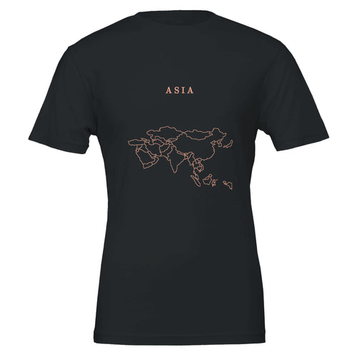 Asia map drawn by 4096 rotating circles, salmon line art on a black t-shirt