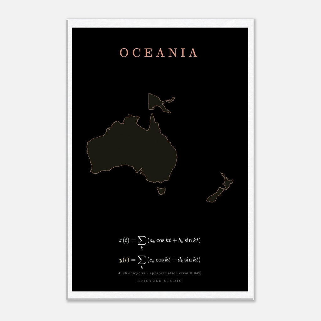 Oceania map drawn by 4096 rotating circles, salmon line art on a canvas print