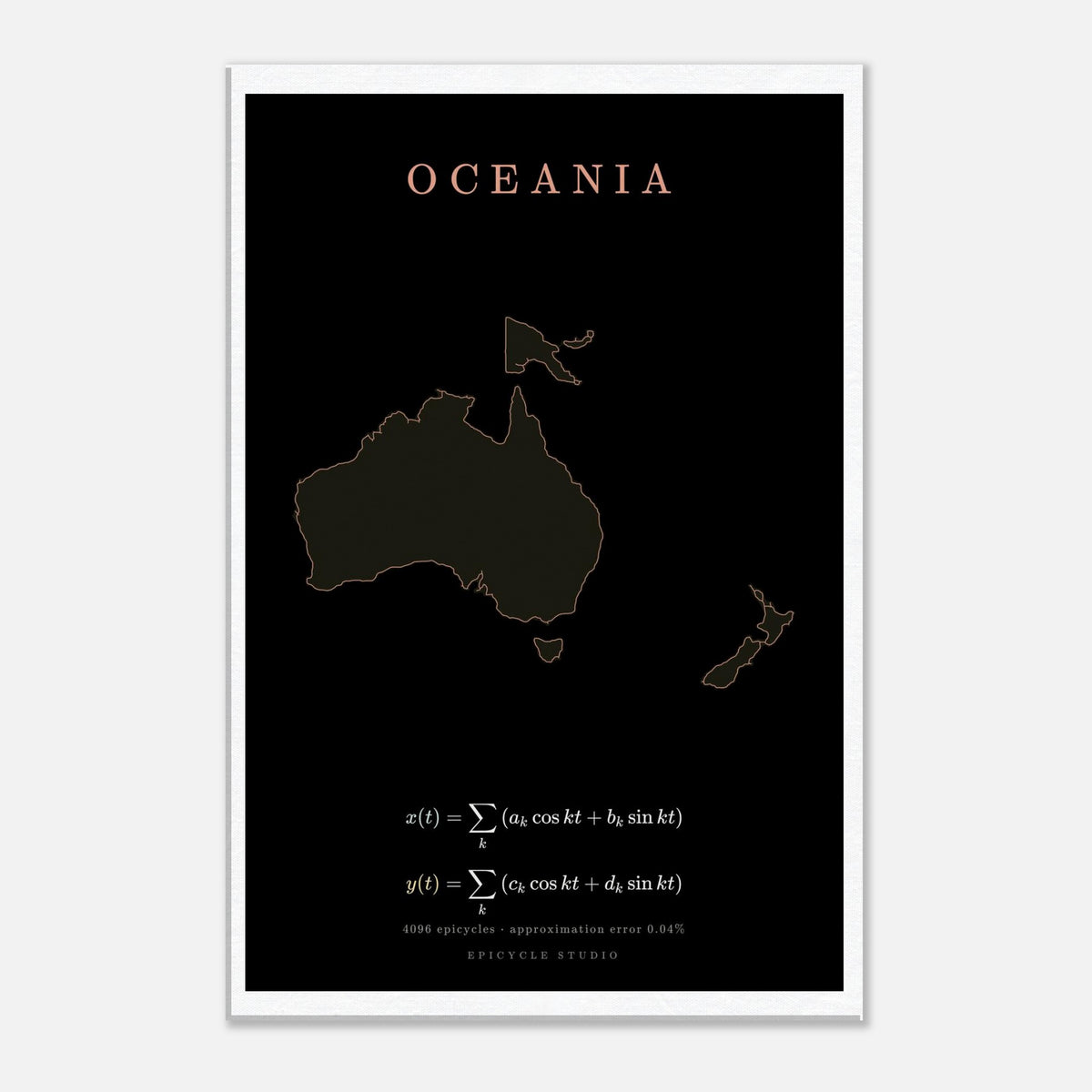 Oceania map drawn by 4096 rotating circles, salmon line art on a canvas print